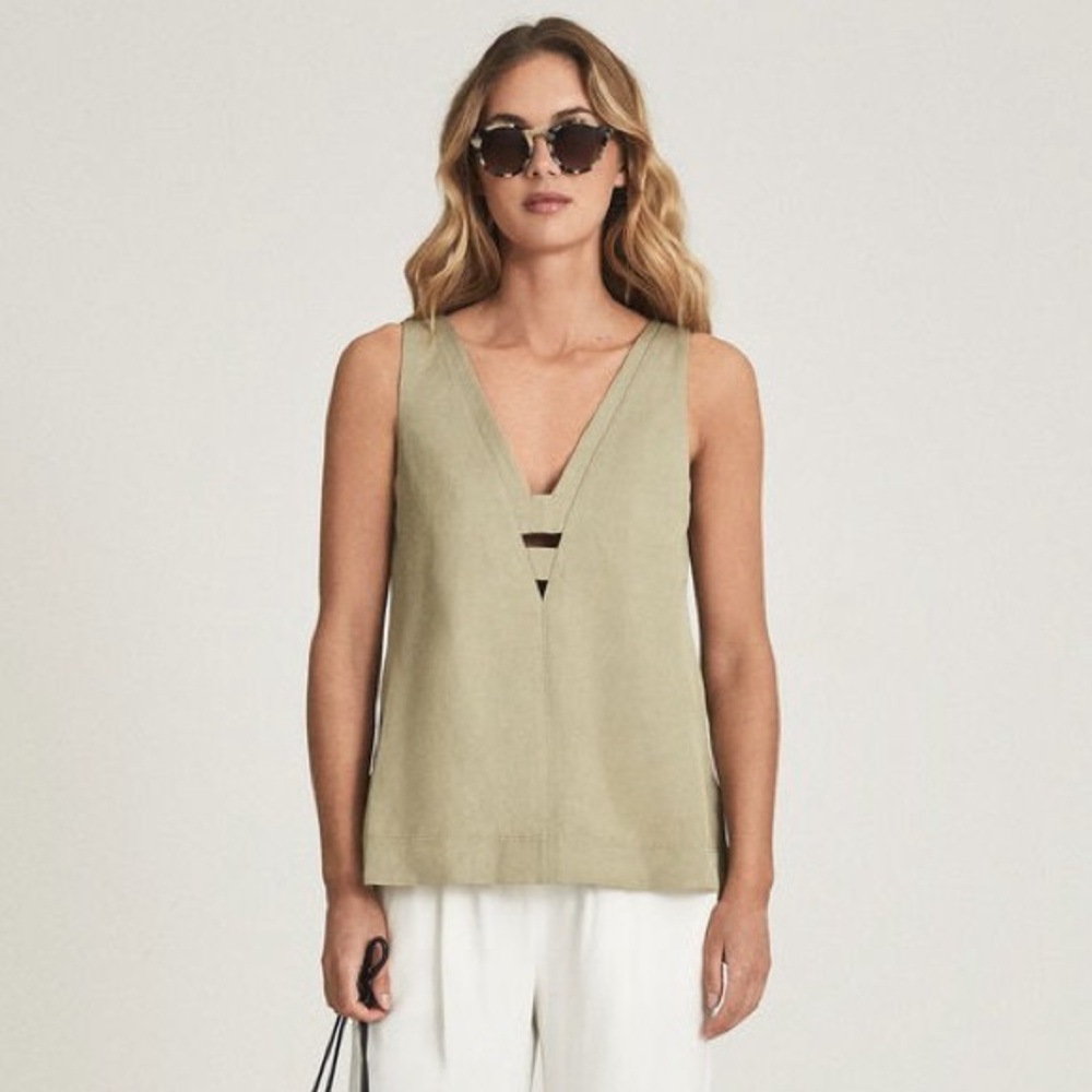 REISS Emi Linen Blend V-neck top
